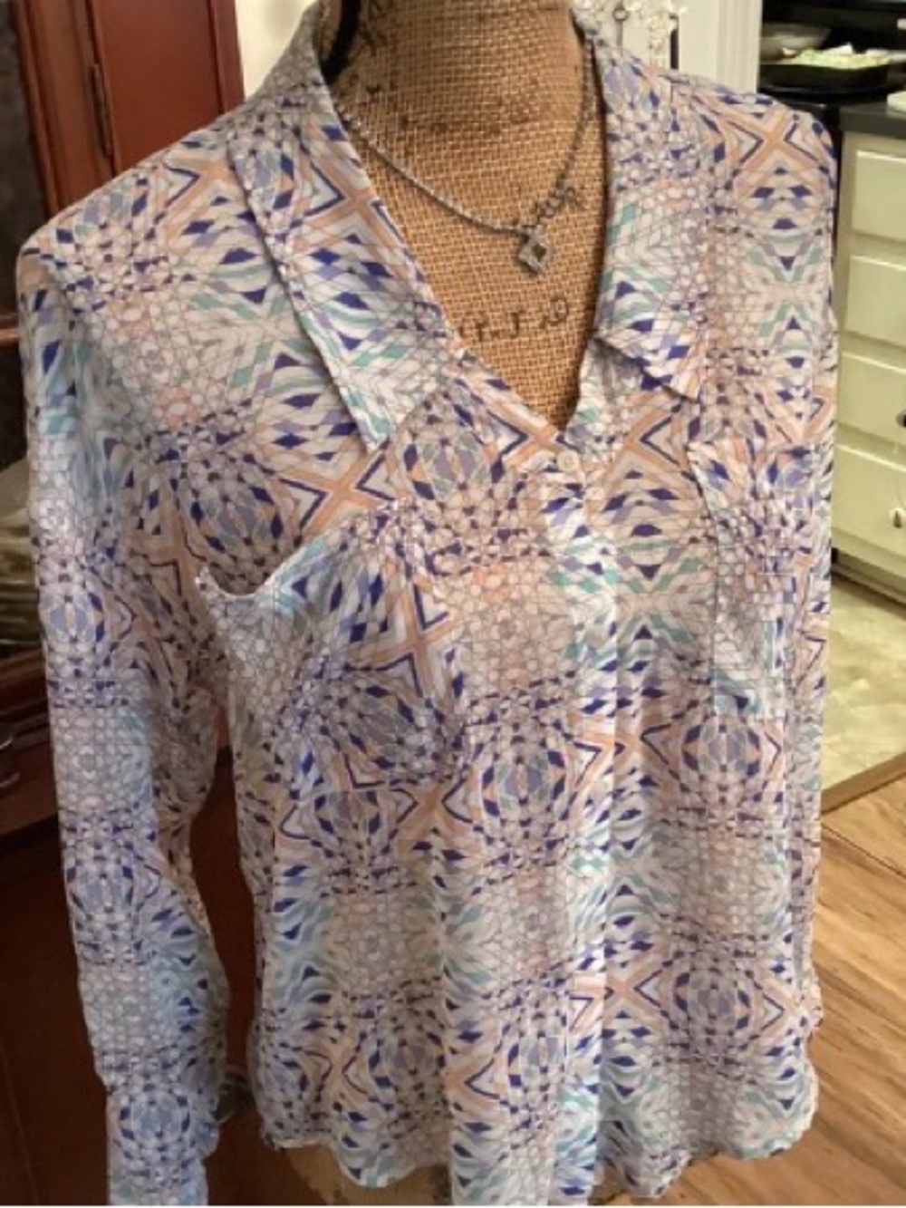 Free People Geometric Button-Down Shirt in Blue and Peach